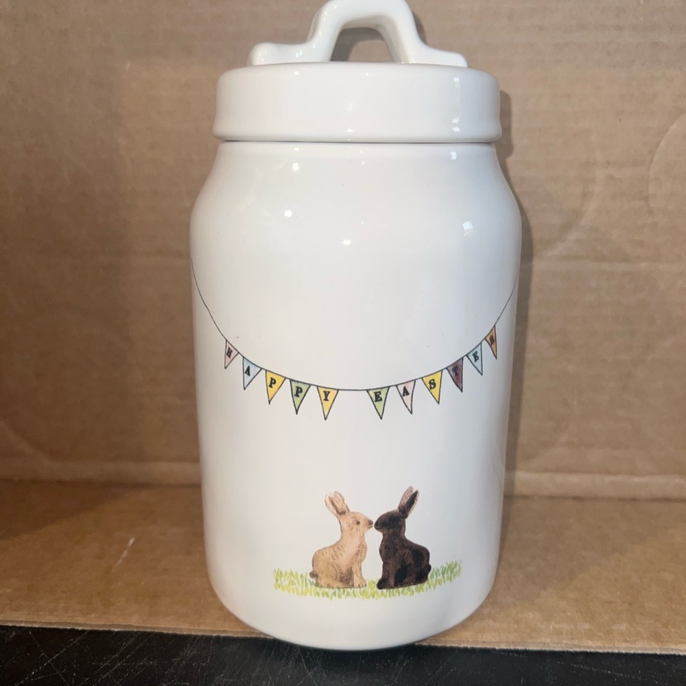 Rae Dunn White Happy Easter Jar with Bunnies